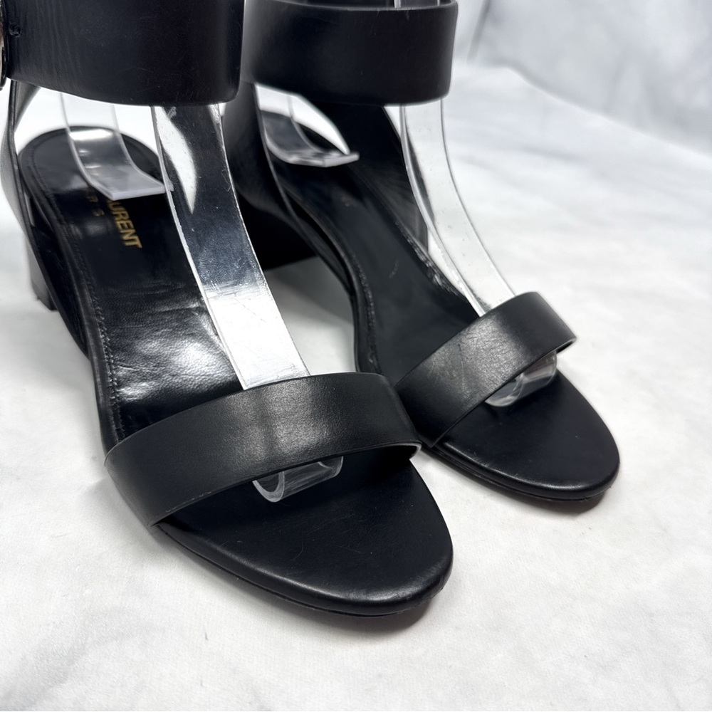Saint Laurent Charlie 55 Leather Ankle Wrap Strap Buckle Low Block Heel Sandals - Picture 4 of 16